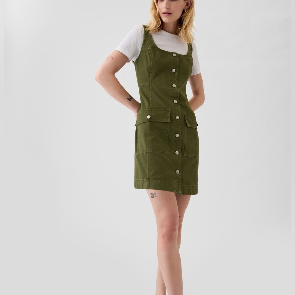 Olive Green Button-Front Pinafore Dress